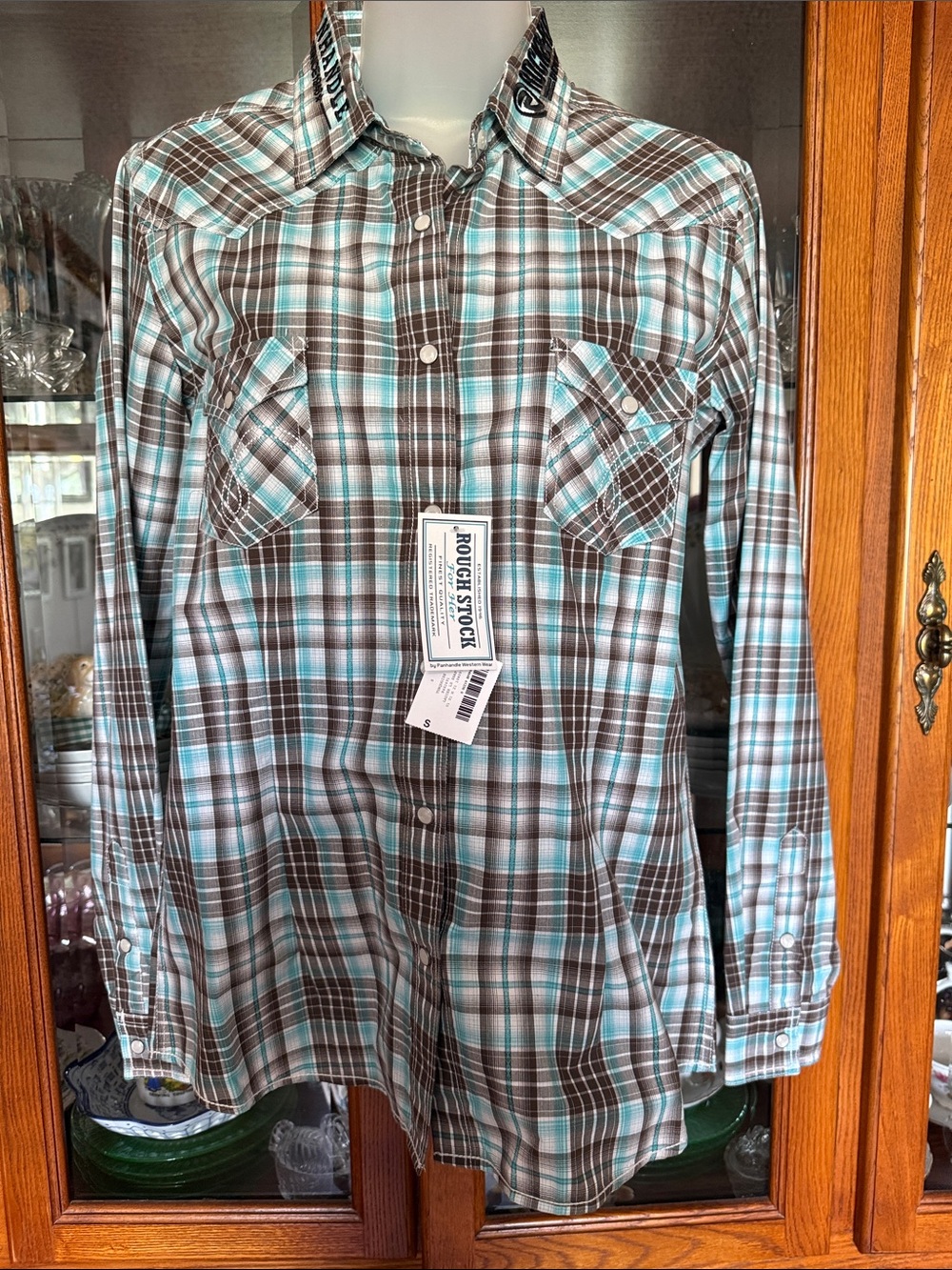 Panhandle Rough Stock Western Shirt in Teal Plaid Women’s Small NWT